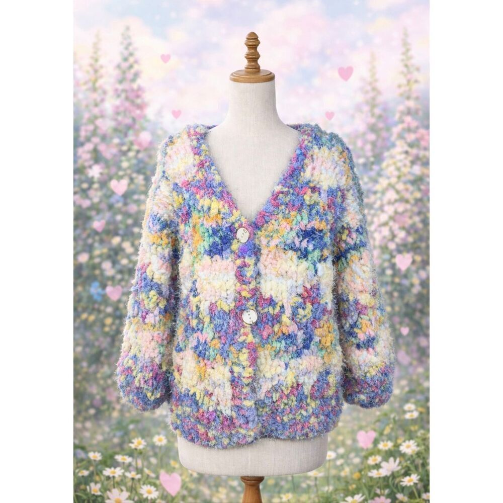 Beulah style multicolor puff knit mixed yarn crochet boho fairy chunky cardigan